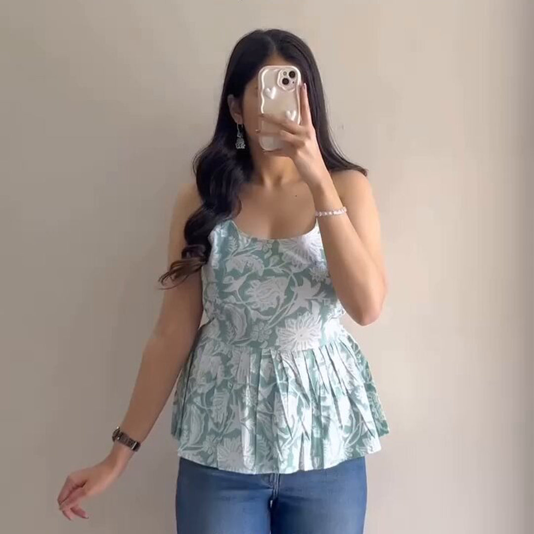 Sky Blue And White Printed Cotton Short Kurti