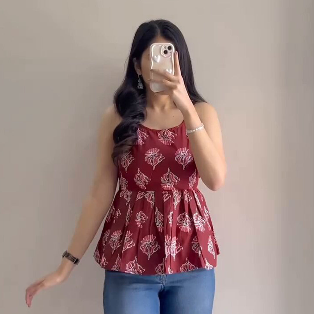 Latest Marron Printed Cotton Short Kurti