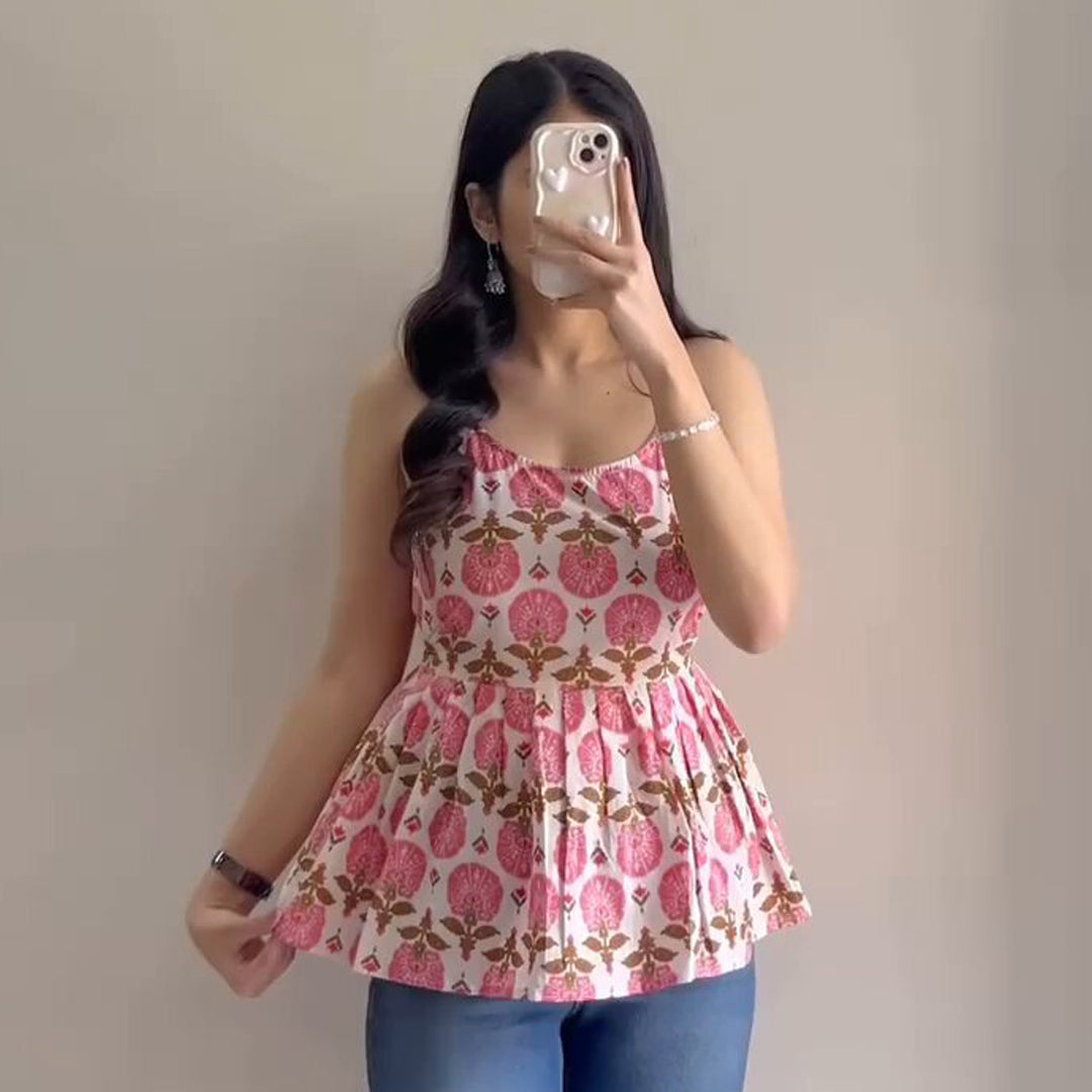 Pink Floral Printed Cotton Short Kurti