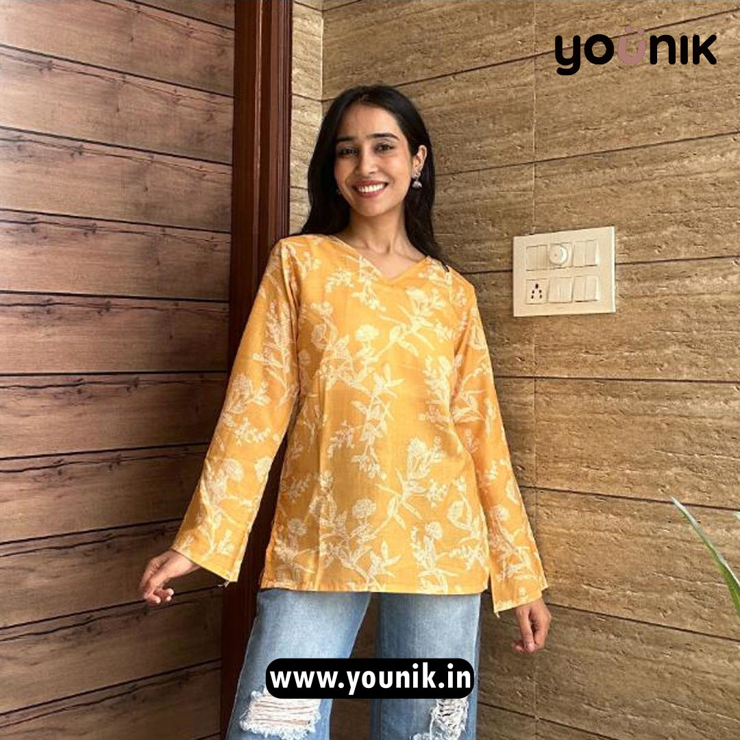 Rust Yellow Floral Short Kurti
