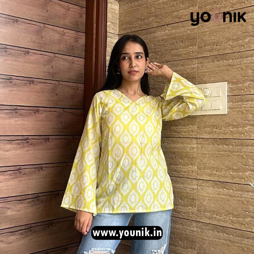 Lime Green Printed Short Kurtis