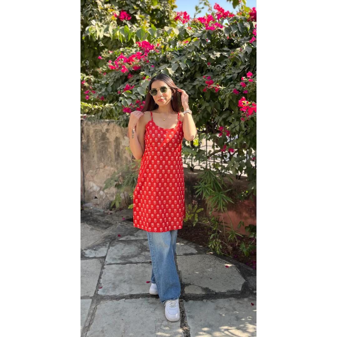 Red Sleeveless Cotton Short Kurti