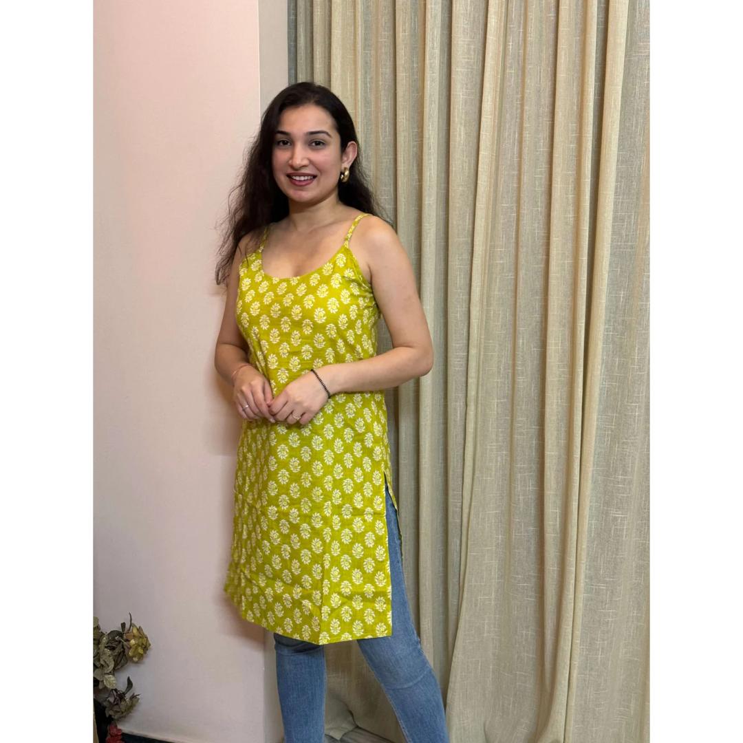 Lemon Yellow Sleeveless Cotton Short Kurti