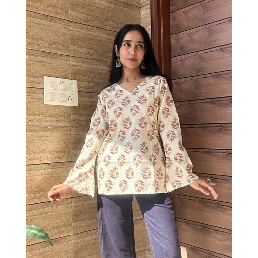 Cream Floral Cotton Short Kurti