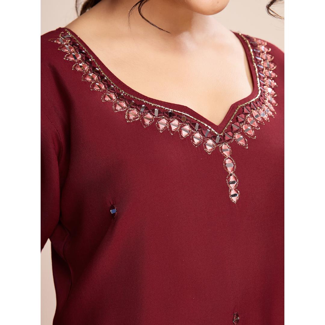 Maroon Mirror Hand Work Silk Kurti Set
