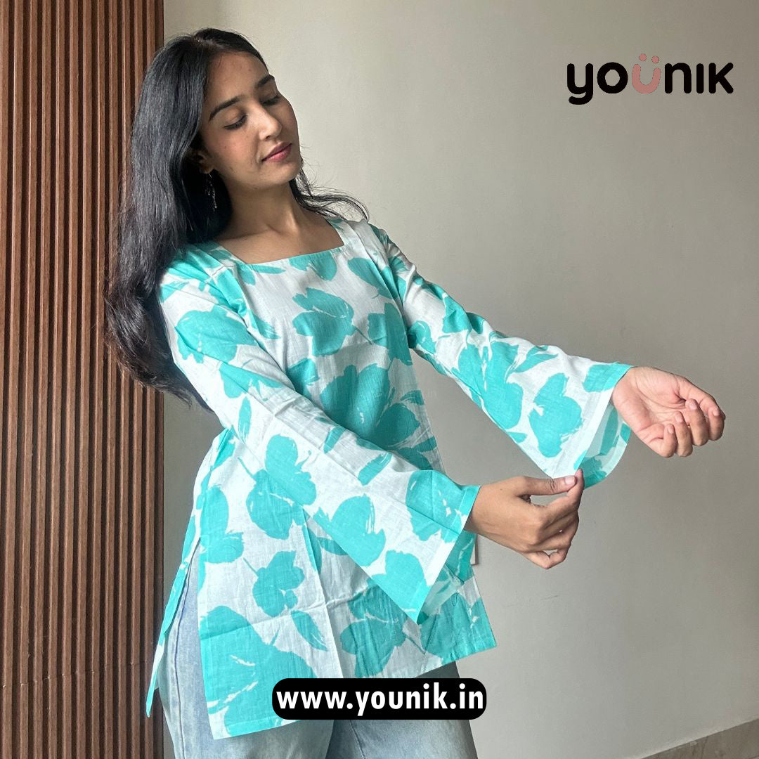 Aqua Blue Floral Printed Pure Cotton Bell Sleeve Shortt Kurti