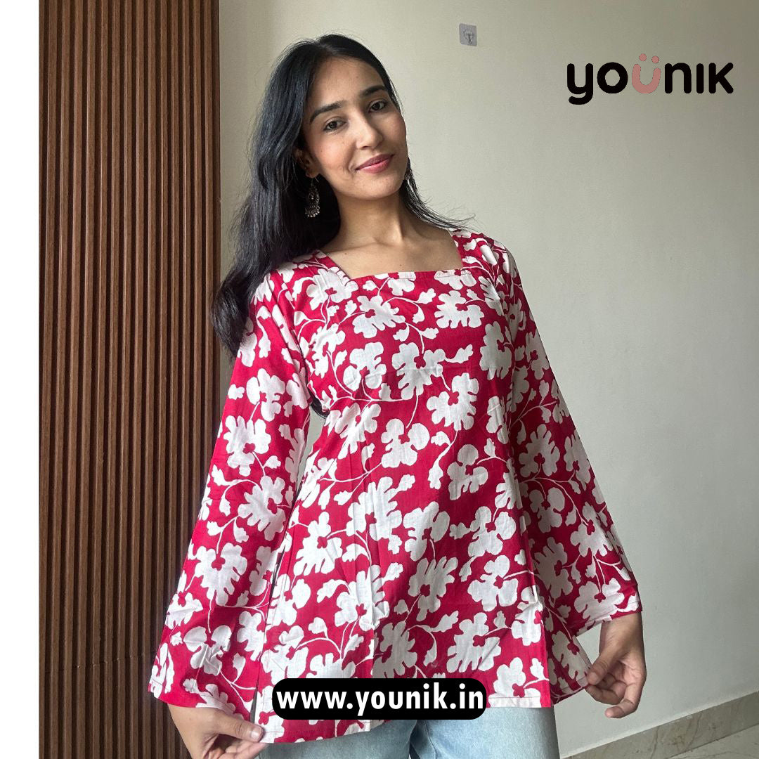 Crimson Red Floral Printed Pure Cotton Bell Sleeve Short Kurti
