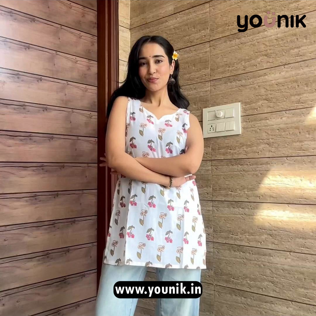 White Floral Printed Sleeveless Cotton Short Kurti
