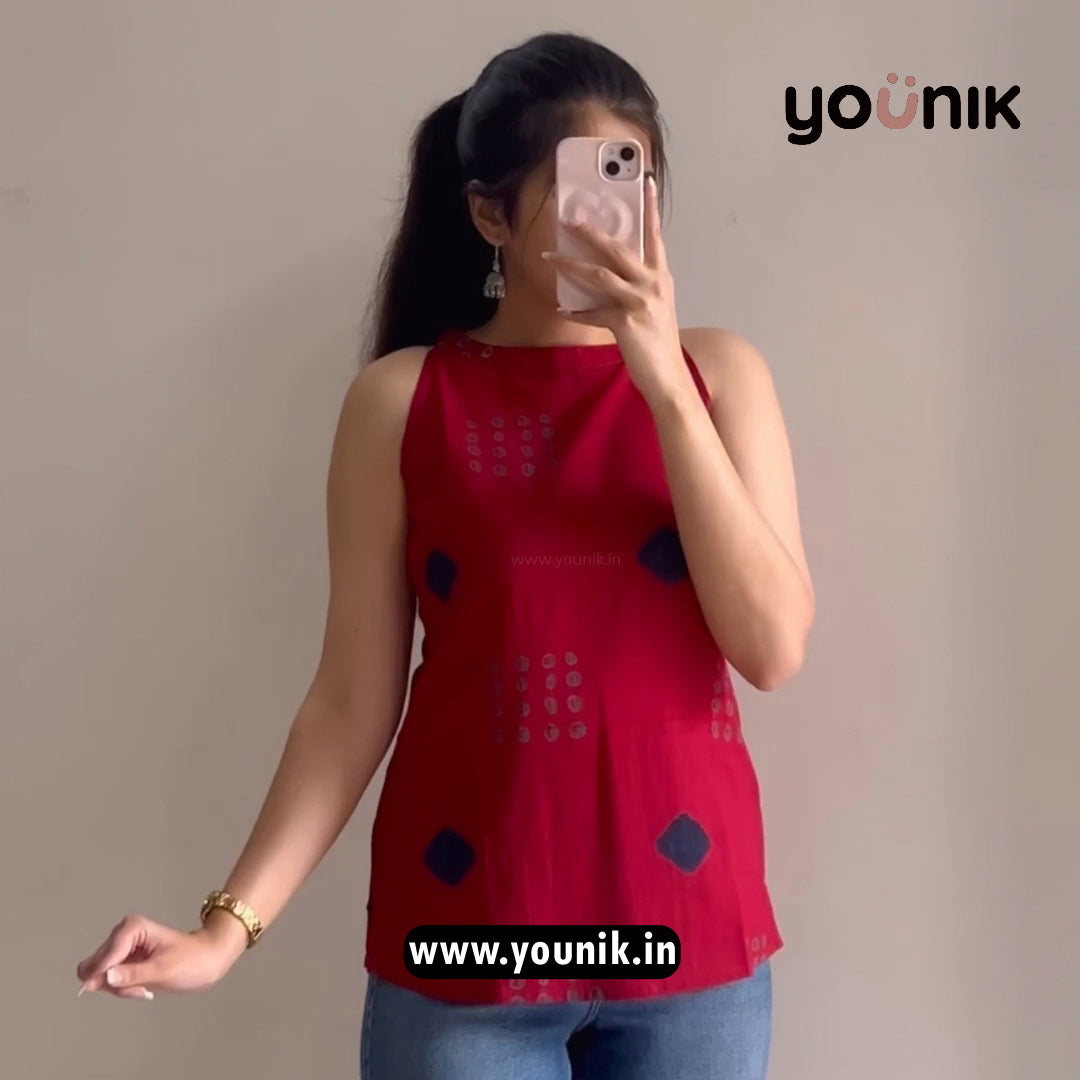 Red Traditional Printed Halter Neck Short Kurti