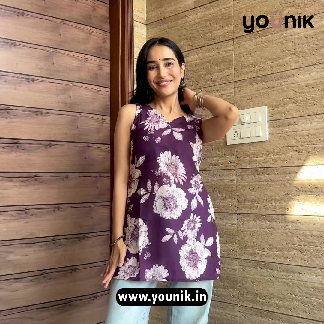 Deep Plum Bold Blossom Sleeveless Short Kurti