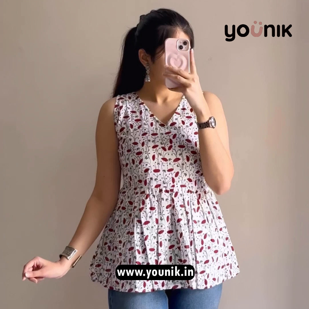 White And Maroon Printed Peplum Sleeveless Short Kurti