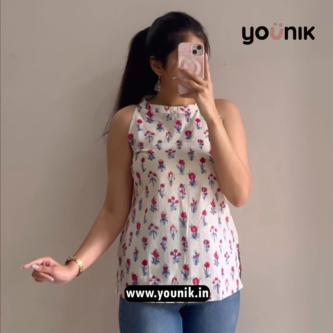 White Floral Printed Halter Neck Short Kurti