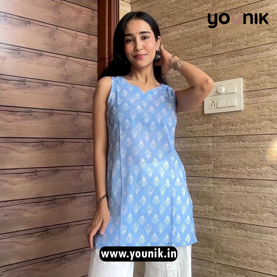 Sky Blue Ethnic Motif Sleeveless Short Kurti - Main Image