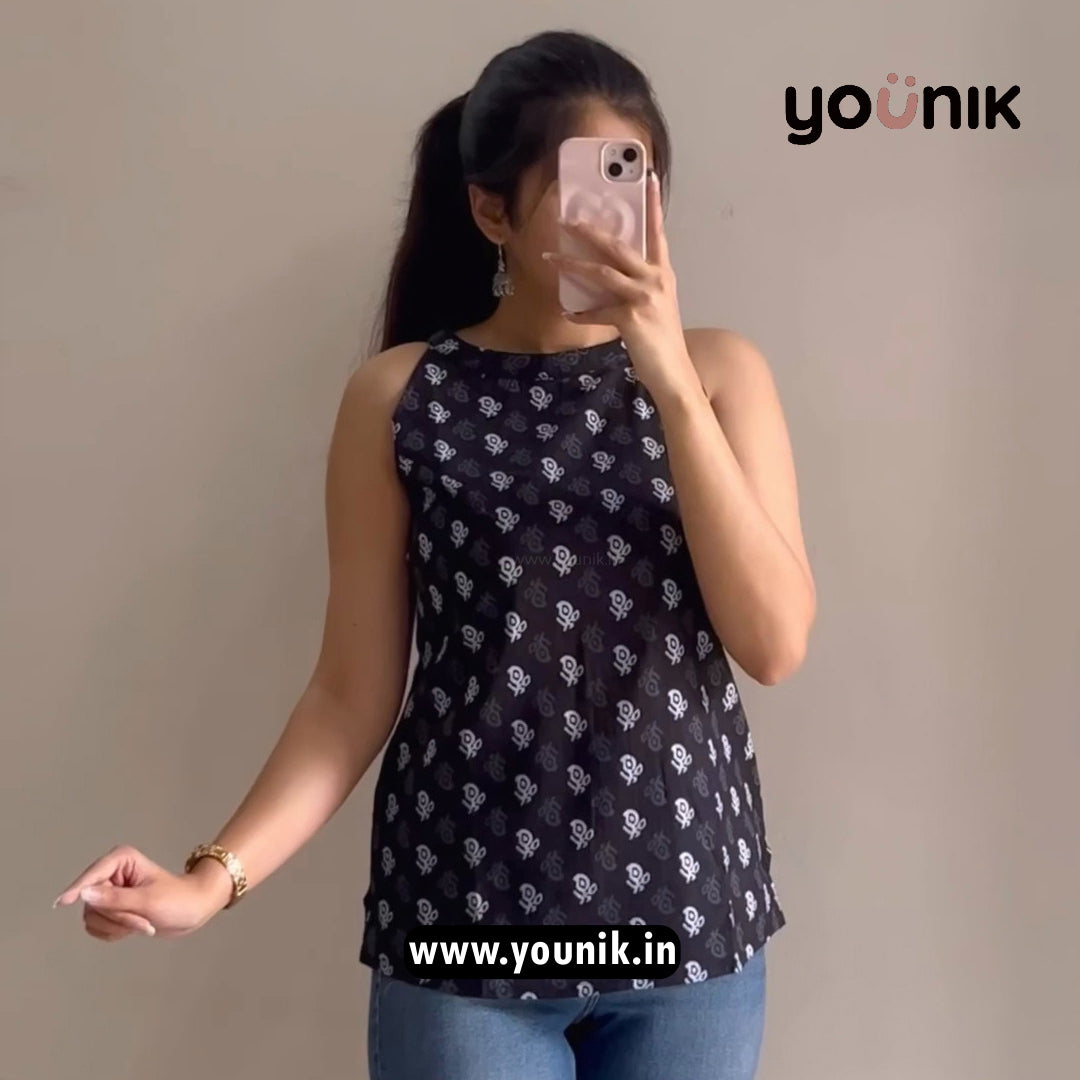 Black Ethnic Printed Halter Neck Short Kurti