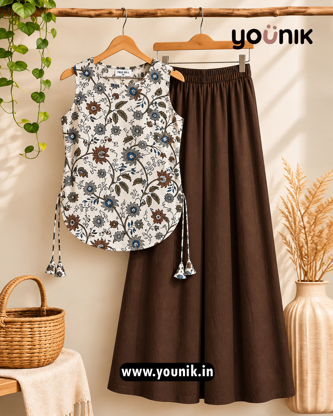 Ivory And Coffee Floral Printed Sleeveless Kurti Palazzo Co-Ord Set