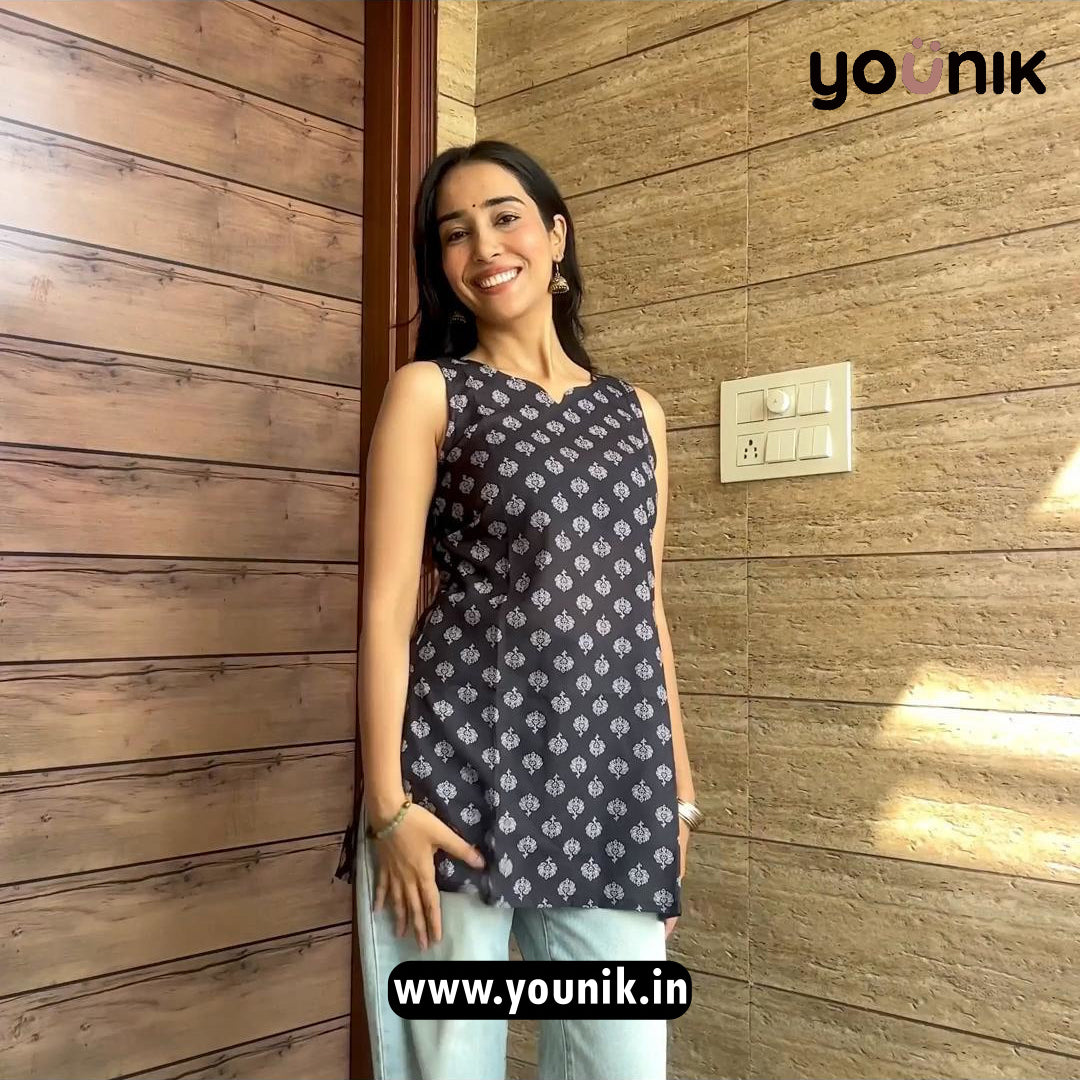 Midnight Black Sleeveless Cotton Short Kurti