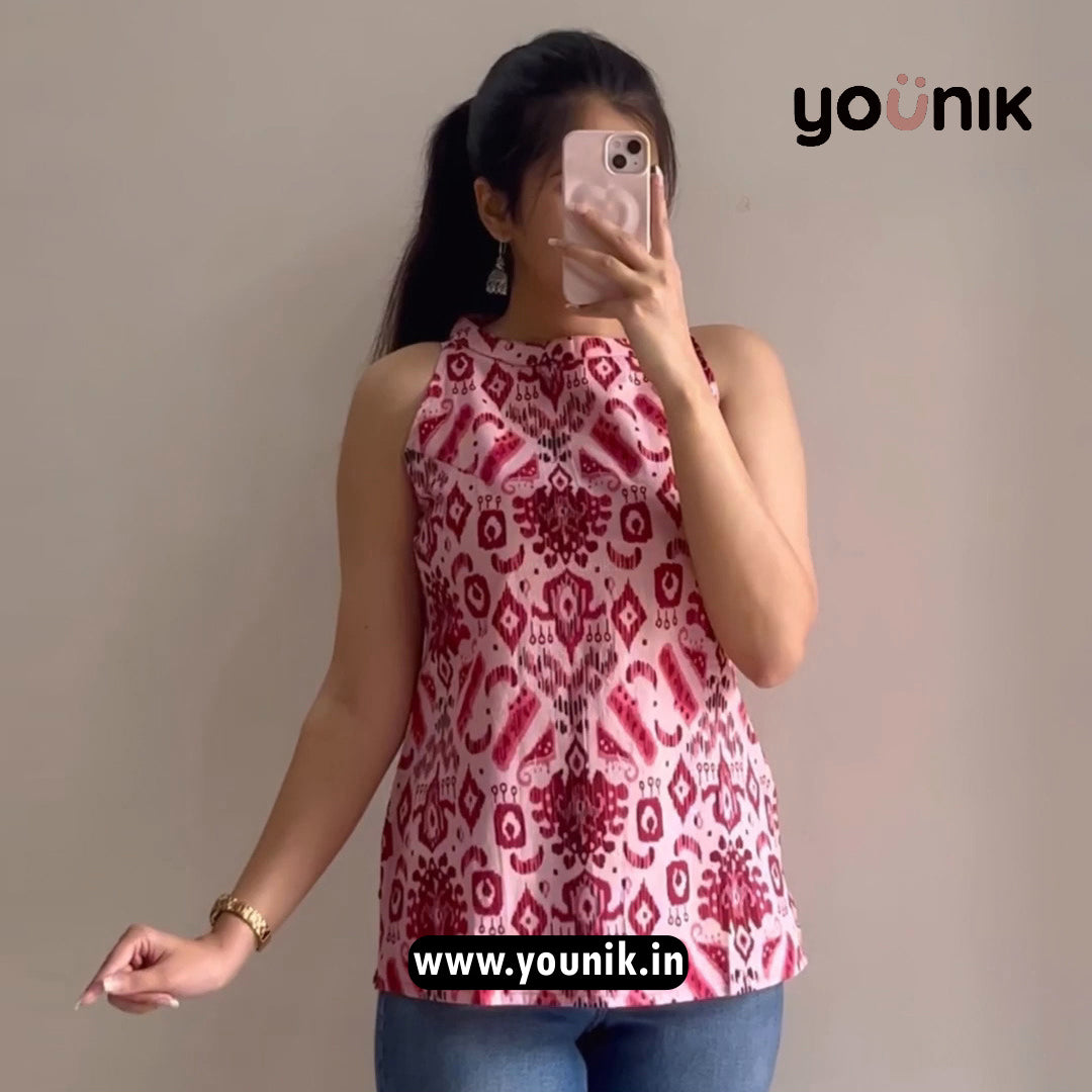 Pink Ikat Printed Halter Neck Short Kurti