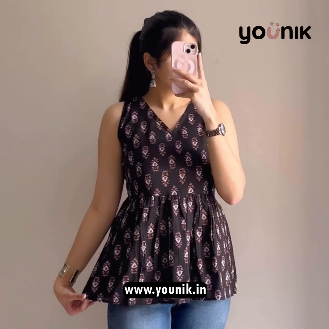 Black Floral Printed Peplum Sleeveless Short Kurti