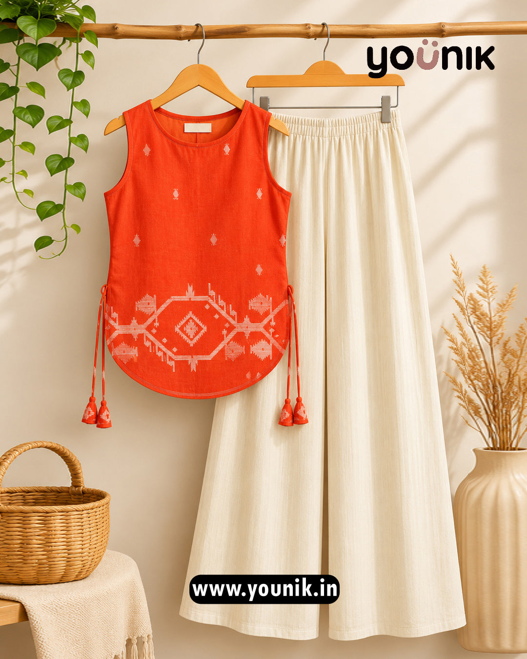 Orange And Ivory Printed Sleeveless Kurti Palazzo Co-Ord Set