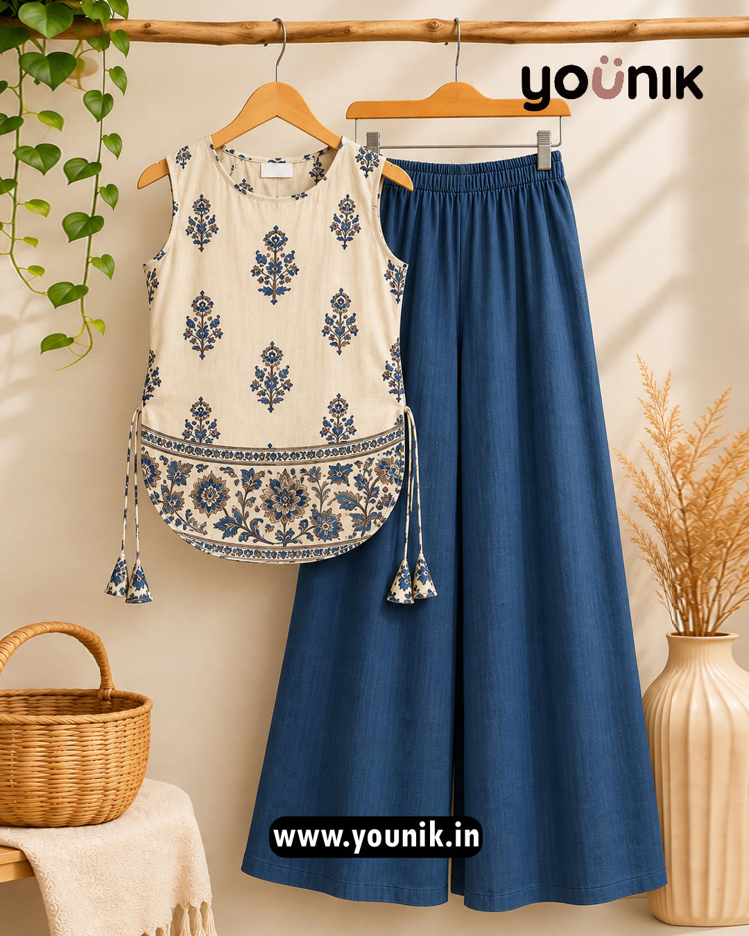 White And Blue Floral Printed Sleeveless Kurti Palazzo Co-Ord Set