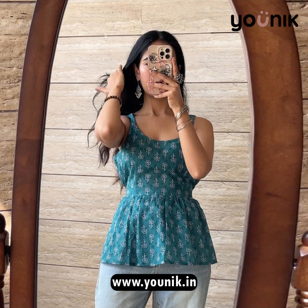 Teal Blue Printed Cotton Peplum Short Kurti