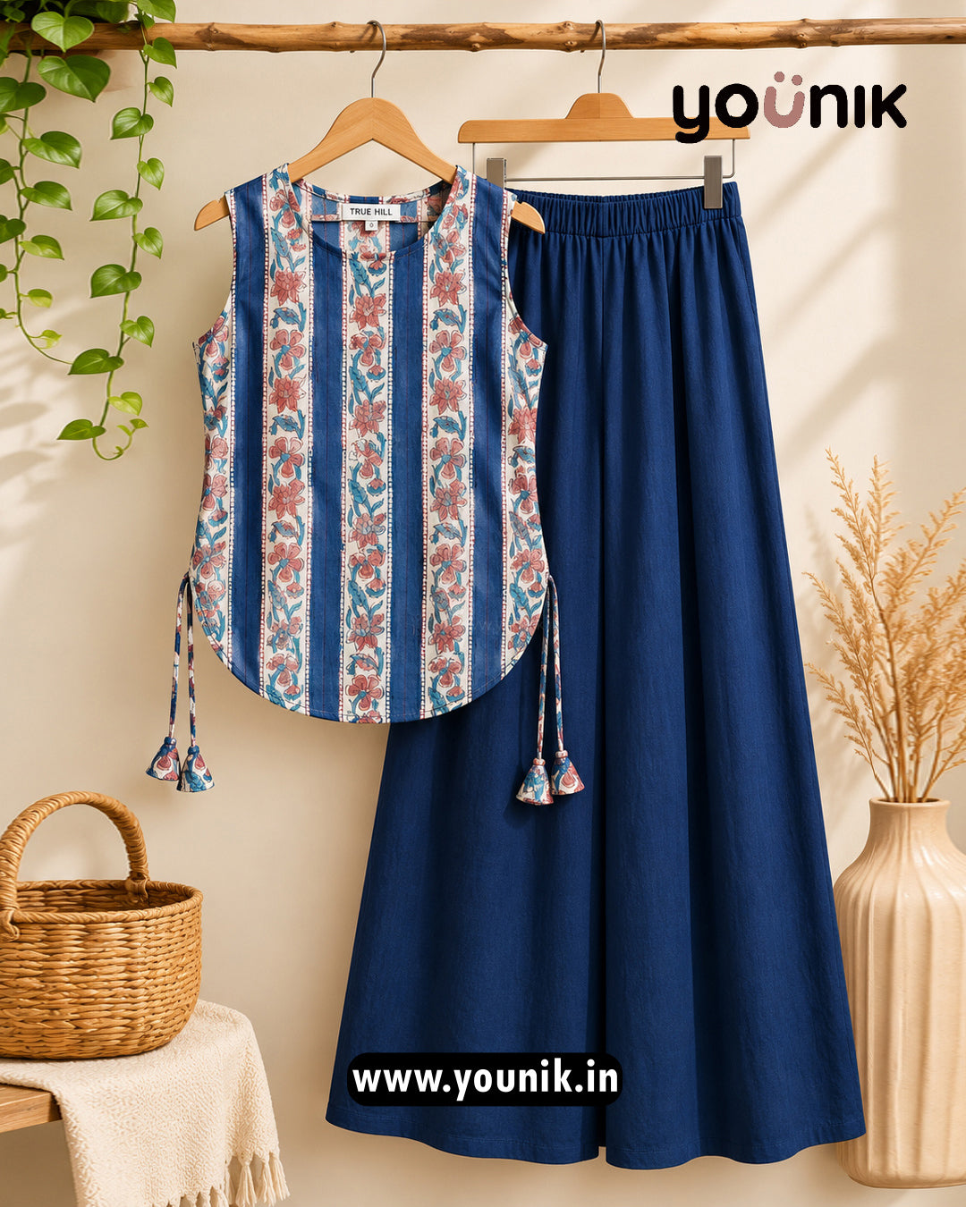 Blue Floral Stripe Printed Sleeveless Kurti Palazzo Co-Ord Set