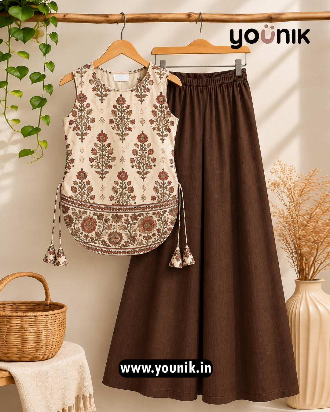 Brown Floral Printed Sleeveless Kurti Palazzo Co-Ord Set