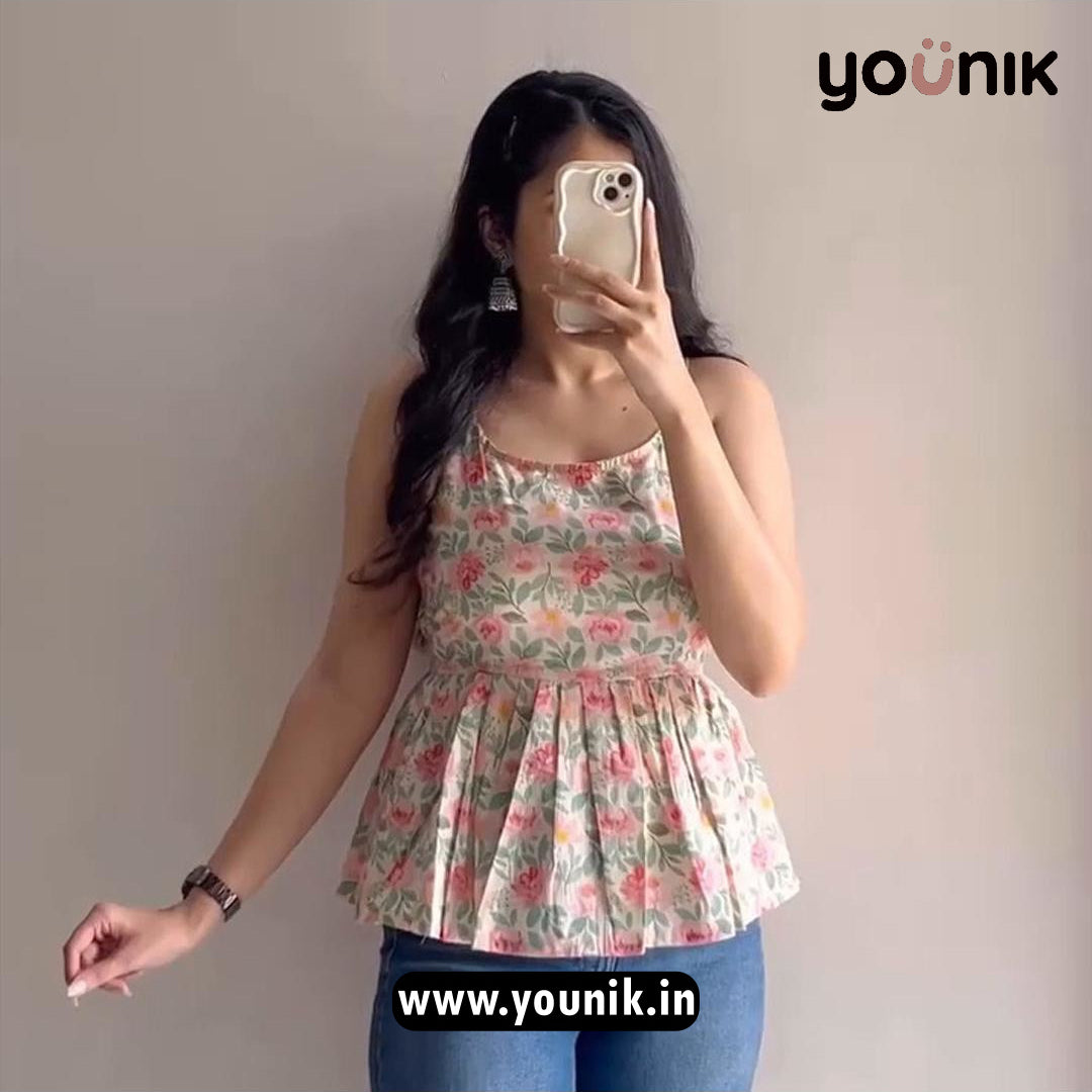 Blush Pink Floral Pleated Cotton Peplum Short Kurti