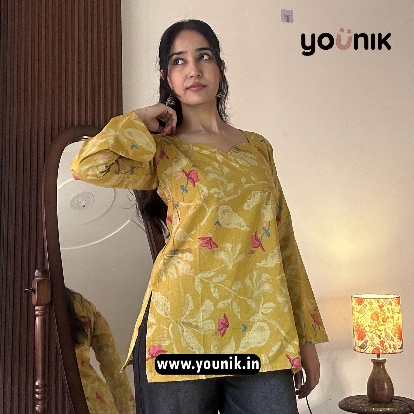 Yellow Leaf Printed Bell Sleeve Short Kurti