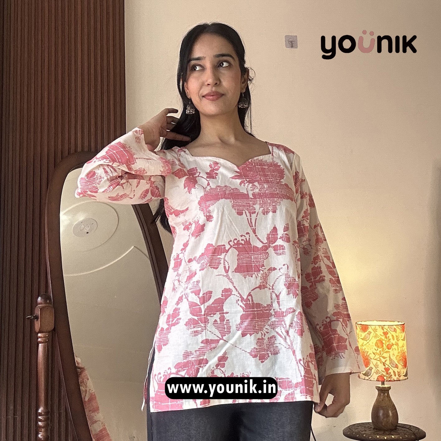 White And Pink Floral Printed Bell Sleeve Short Kurti