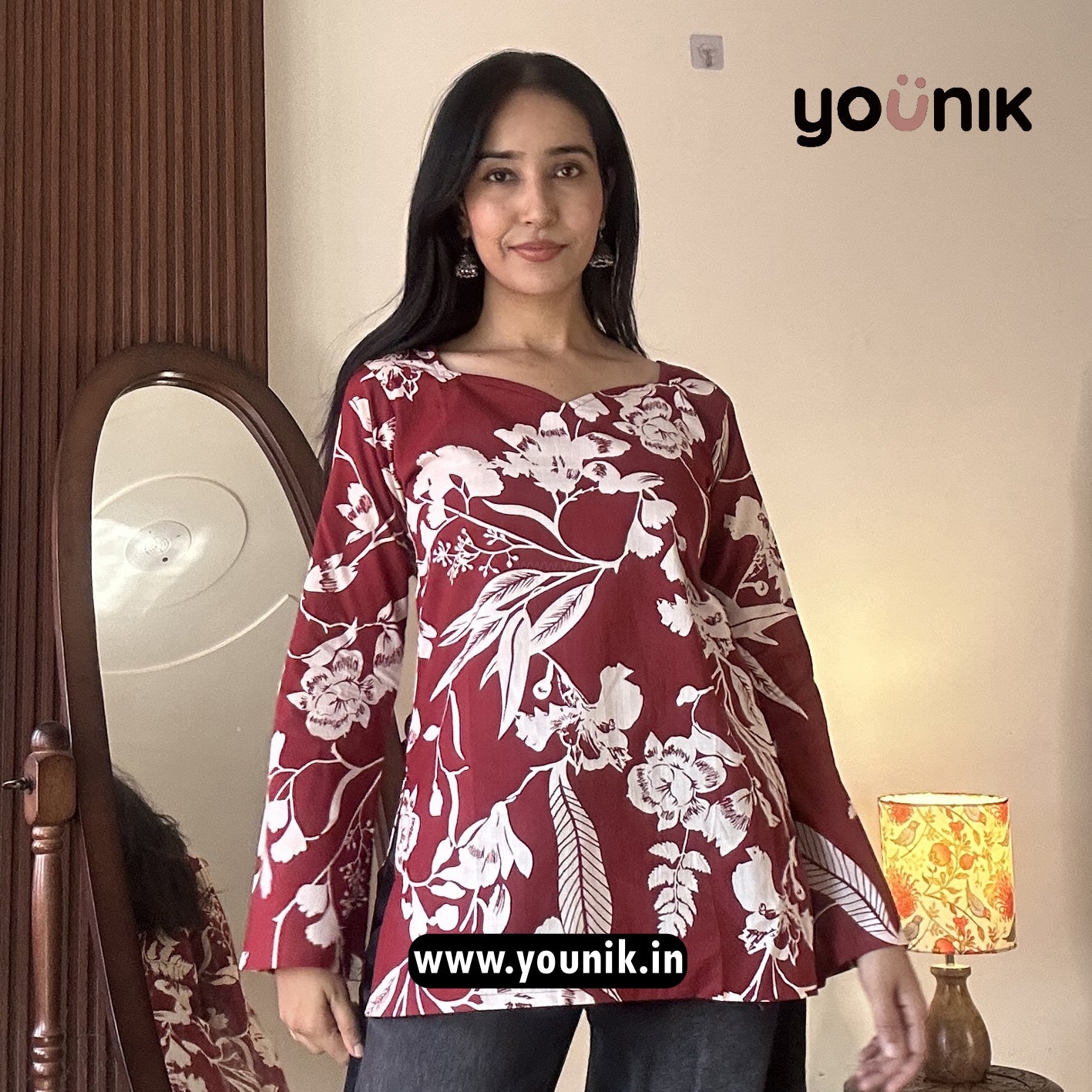 Maroon And White Printed Bell Sleeve Short Kurti