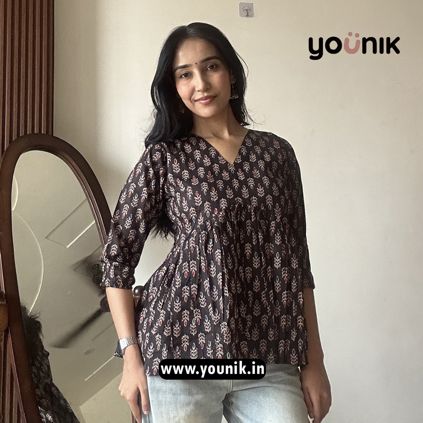 Black Leaf Motif Printed Peplum Short Kurti