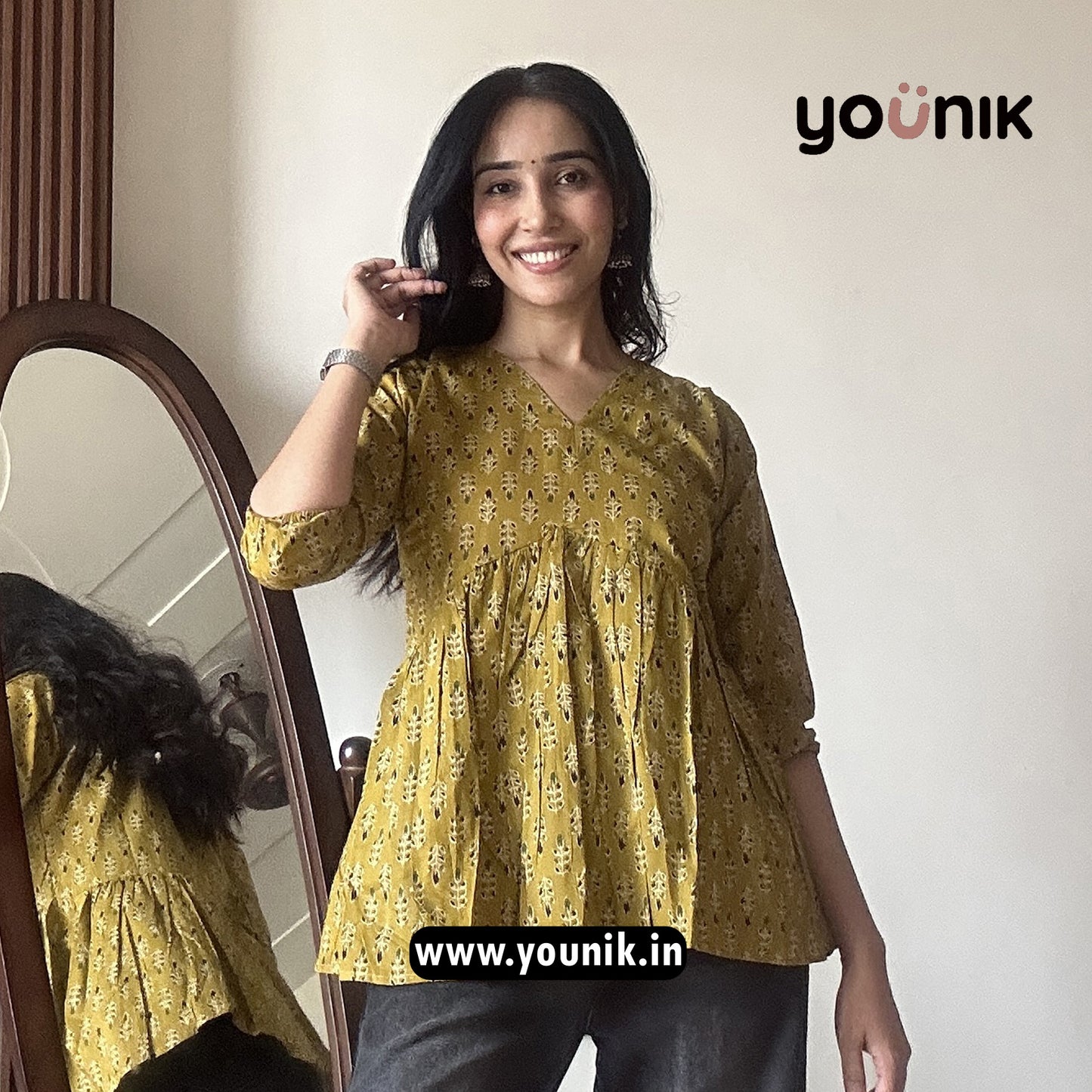 Mustard Yellow Leaf Motif Printed Peplum Short Kurti