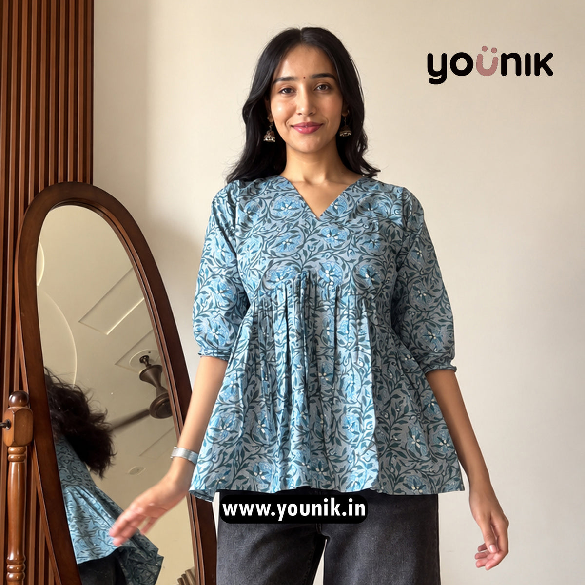 Sky Blue Botanical Printed Peplum Style Short Kurti