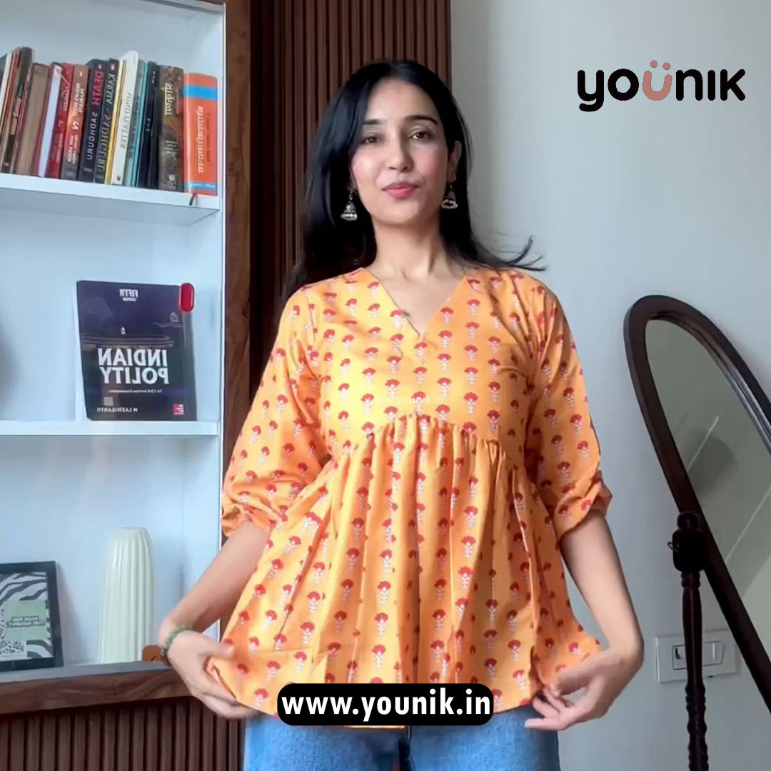 Sunset Mustard Floral Printed Peplum Short Kurti