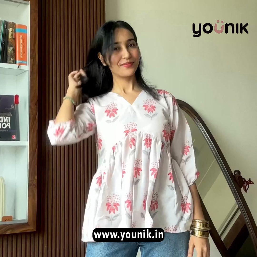 White And Pink Floral Printed Peplum Short Kurti