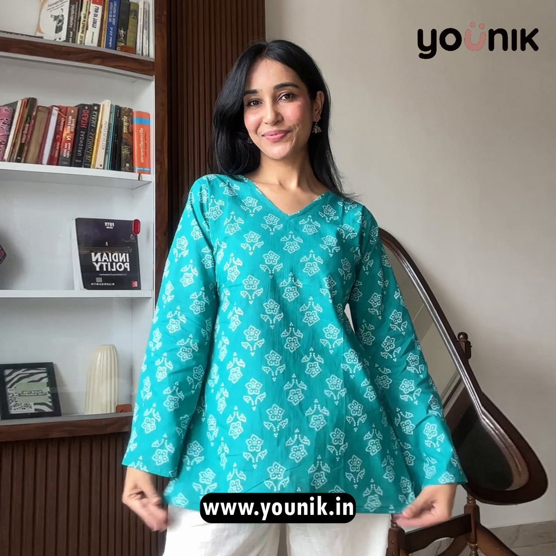 Turquoise Blue Hand Block Printed Cotton Short Kurti