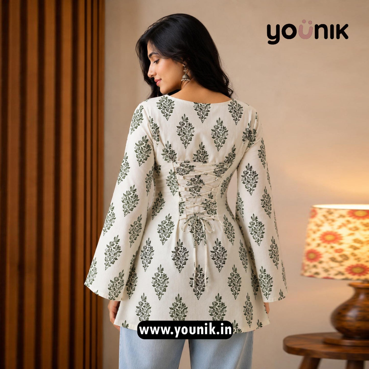 White And Olive Floral Printed Corset Back Bell Sleeve Short Kurti
