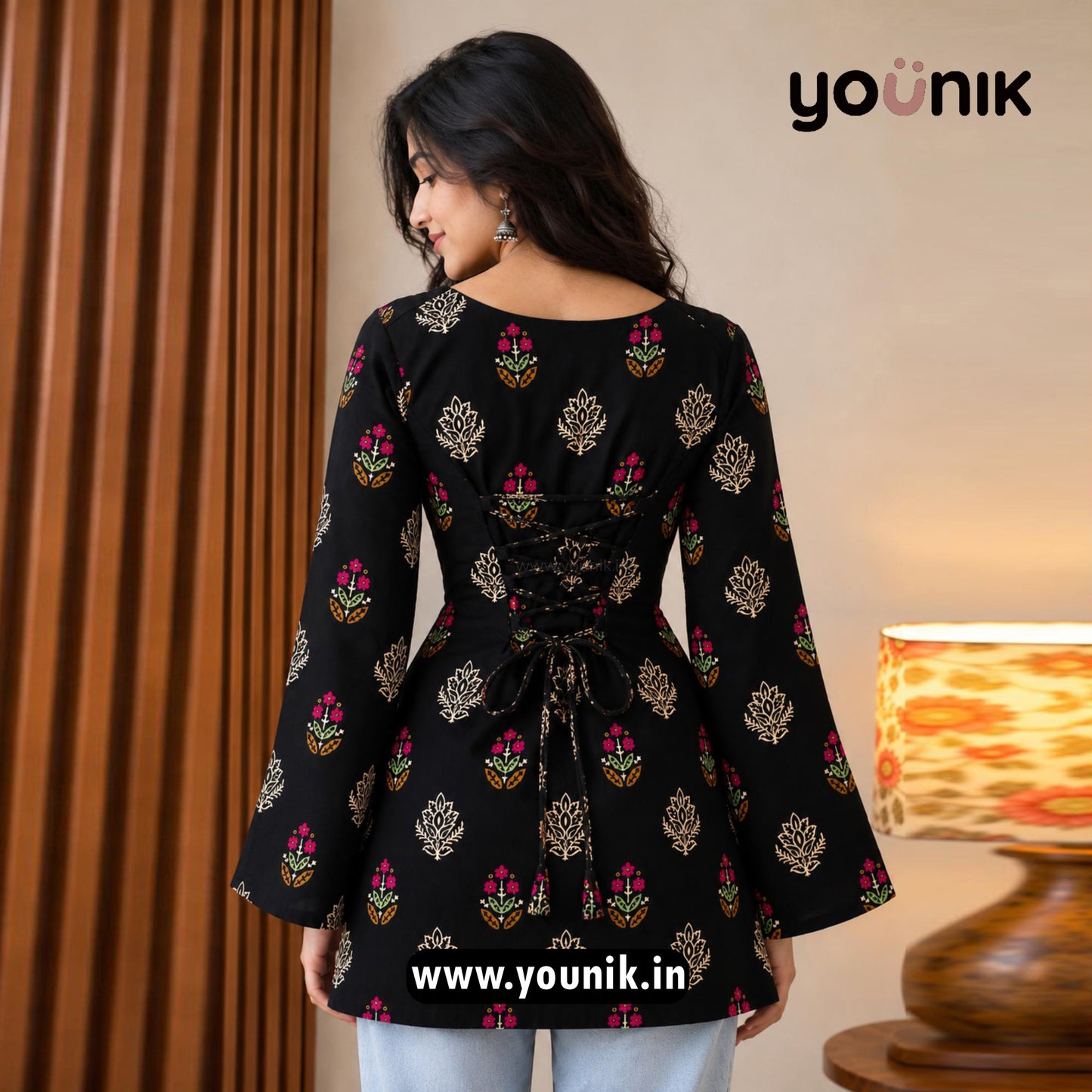 Black Floral Motif Printed Corset Back Bell Sleeve Short Kurti