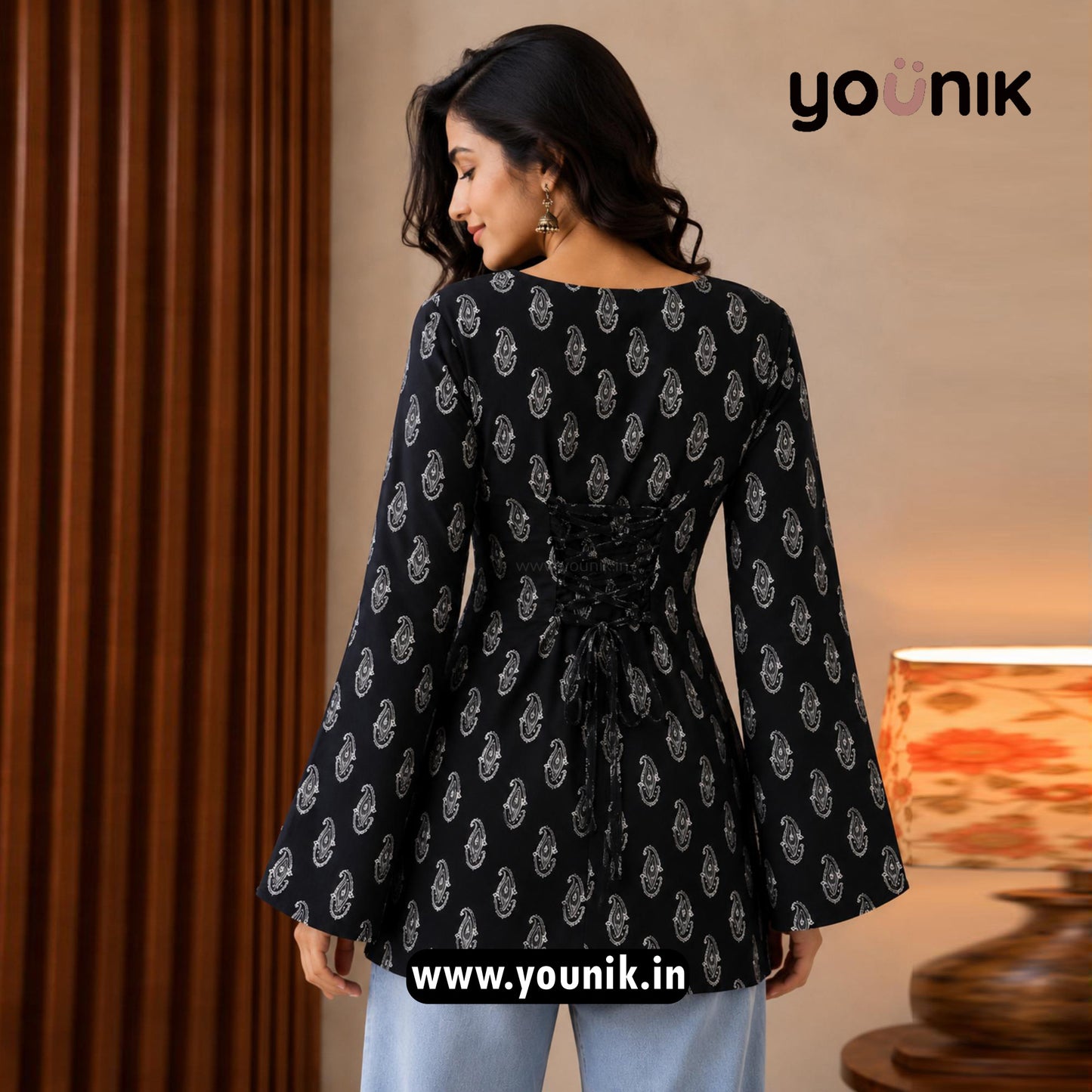 Black Paisley Printed Corset Back Bell Sleeve Short Kurti