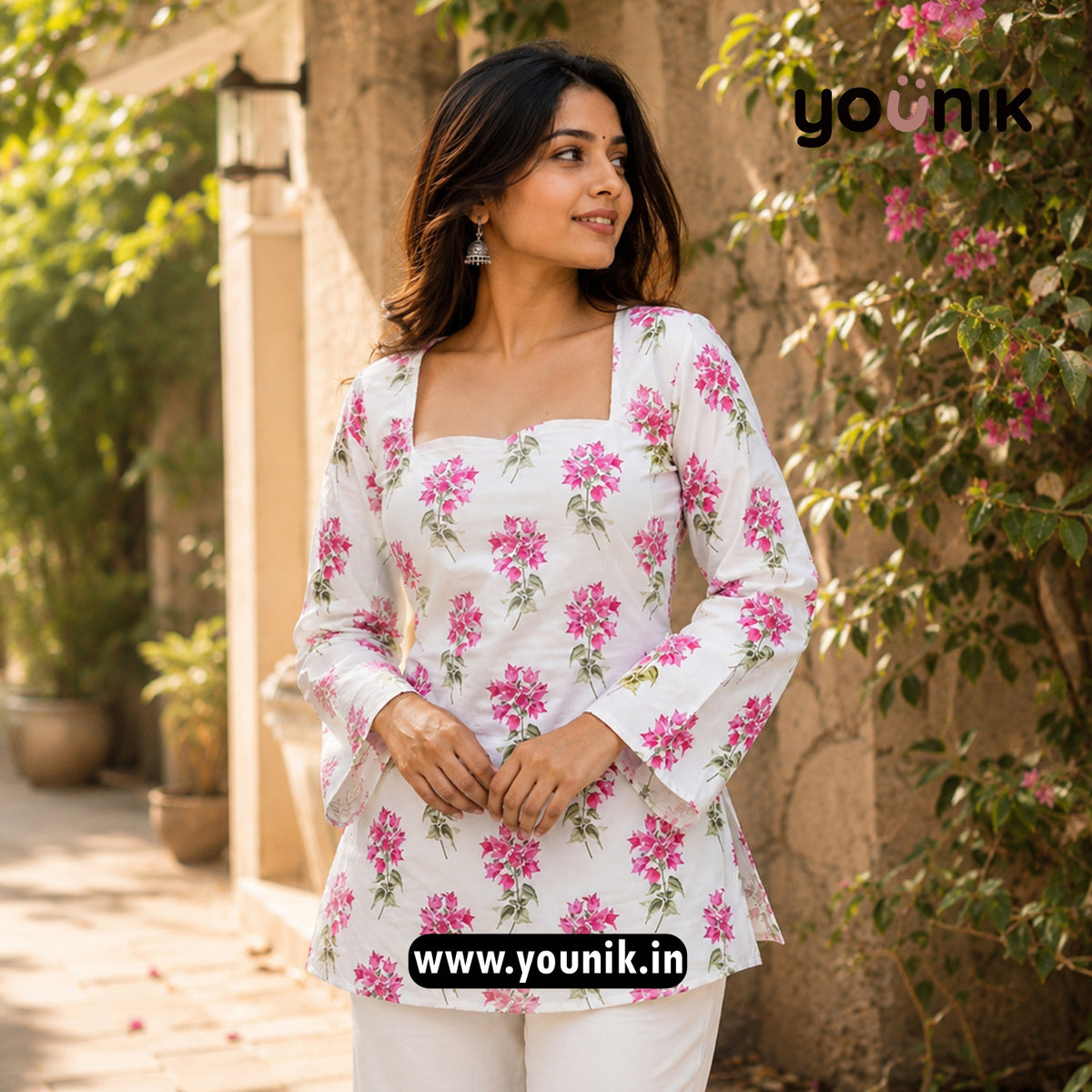 White And Pink Floral Printed Bell Sleeve Short Kurtis