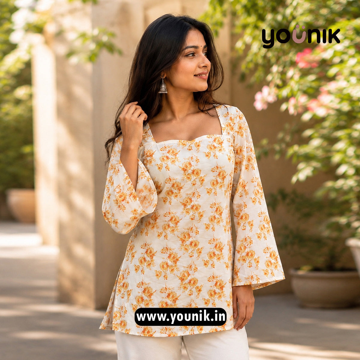 Yellow And White Floral Printed Bell Sleeve Short Kurtis