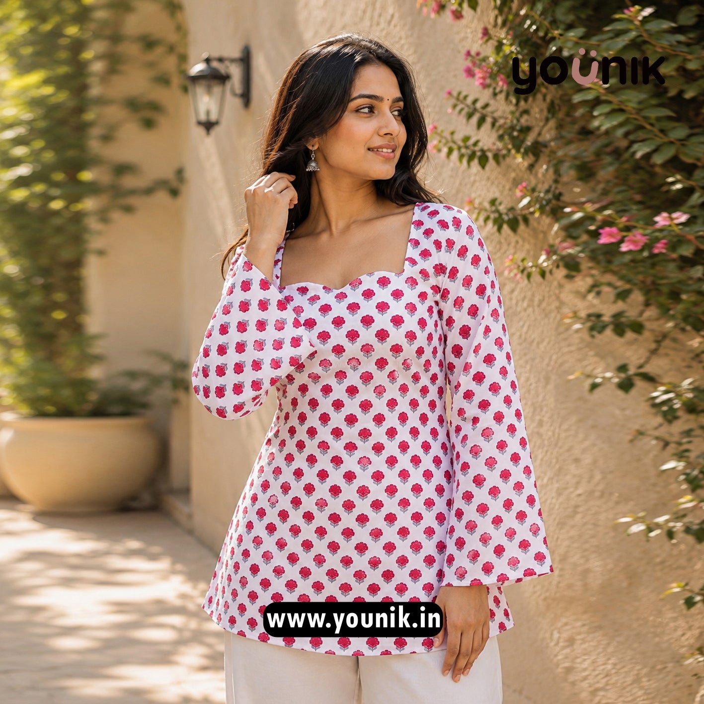 White And Pink Floral Printed Bell Sleeve Short Kurti