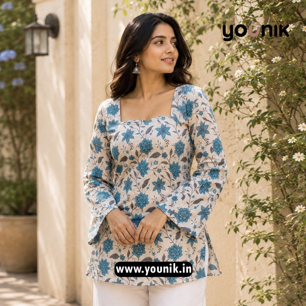 Sky Blue And White Floral Printed Bell Sleeve Short Kurtis