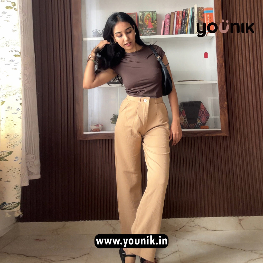 Elegant Beige High-Waist Straight Trousers