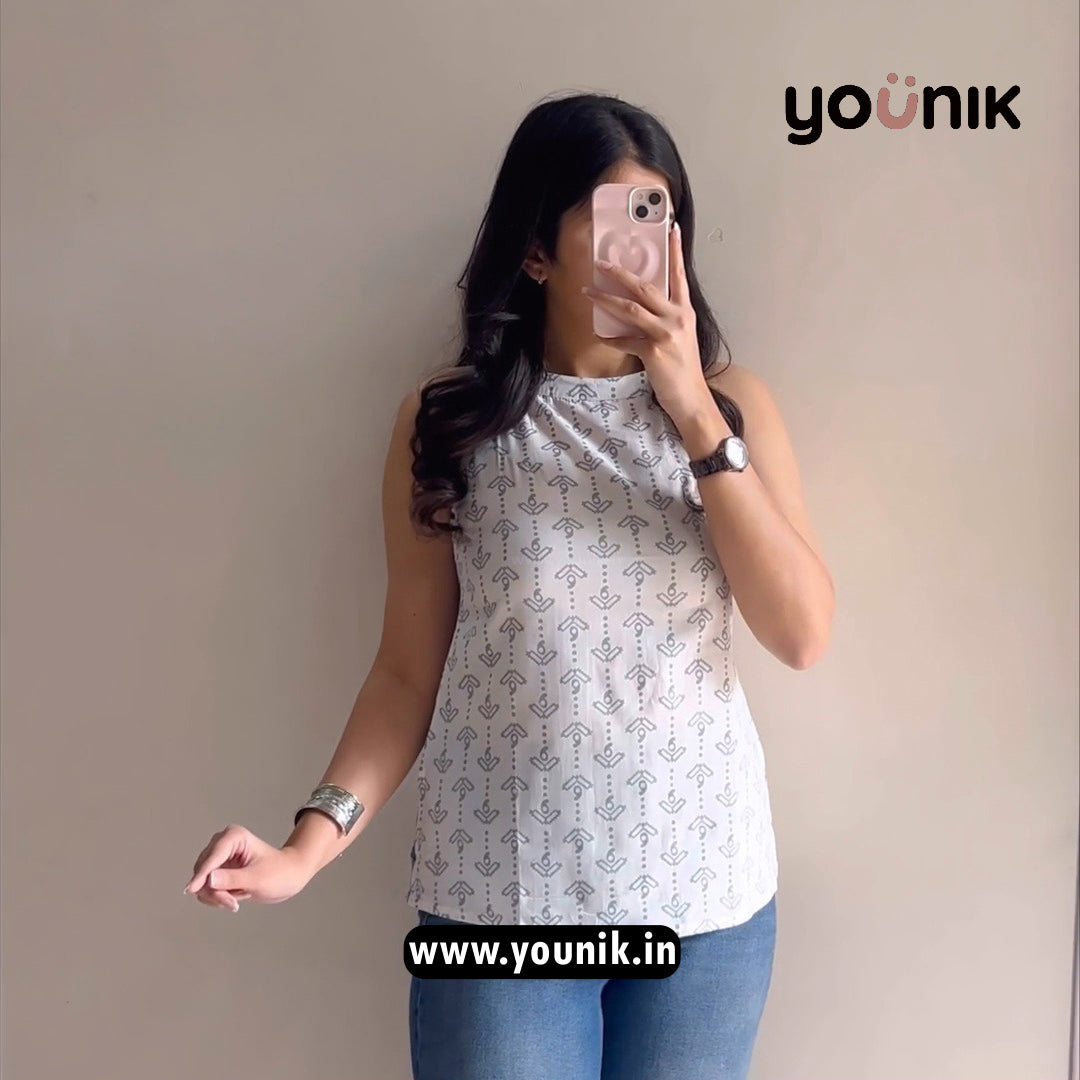 White Minimal Printed Halter Neck Short Kurti