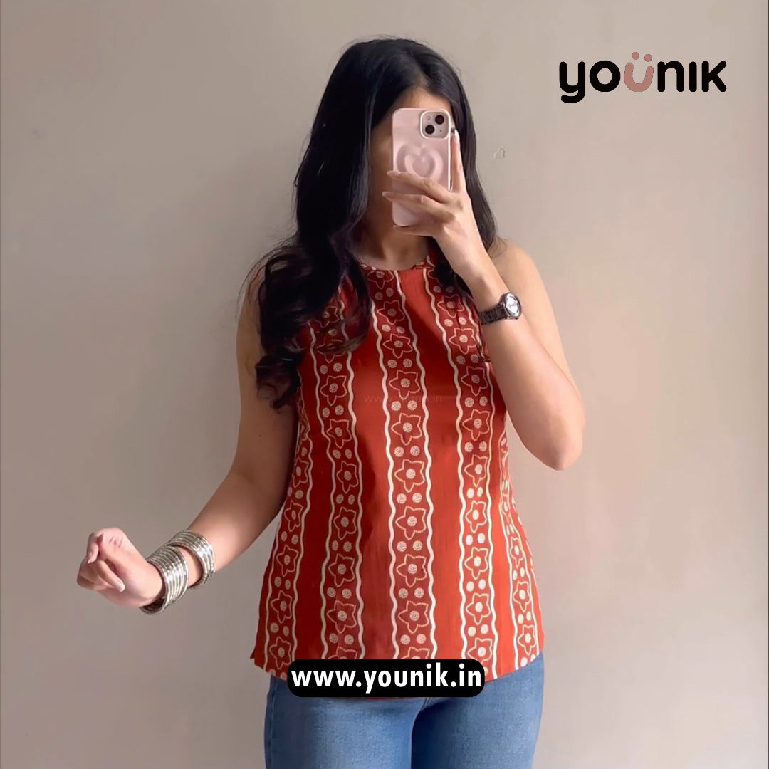 Rust Orange Striped Floral Printed Halter Neck Short Kurti