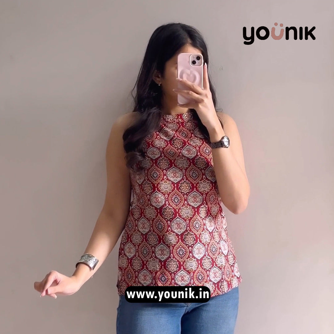 Maroon Motif Printed Pure Cotton Halter Neck Short Kurti