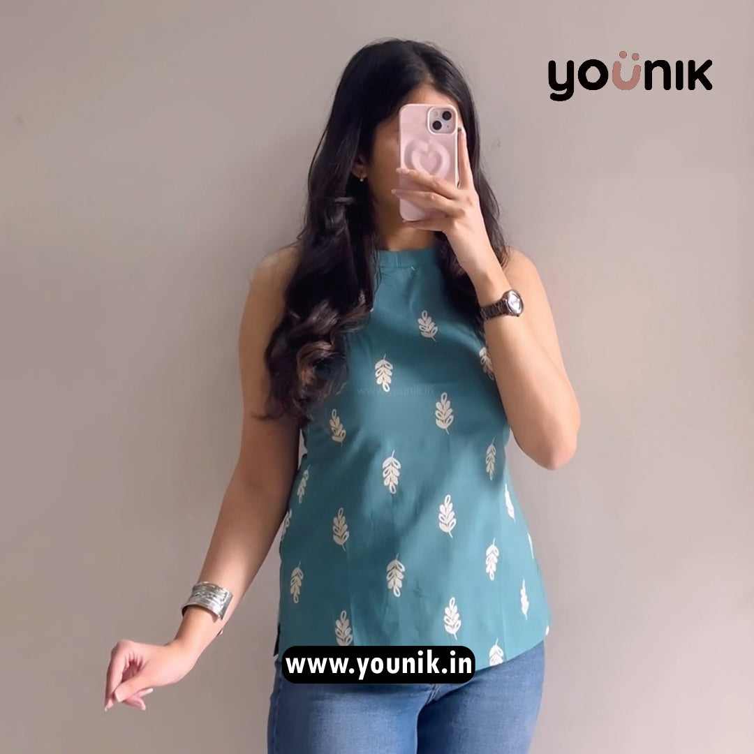 Teal Green Elegant Leaf Printed Pure Cotton Halter Neck Short Kurti
