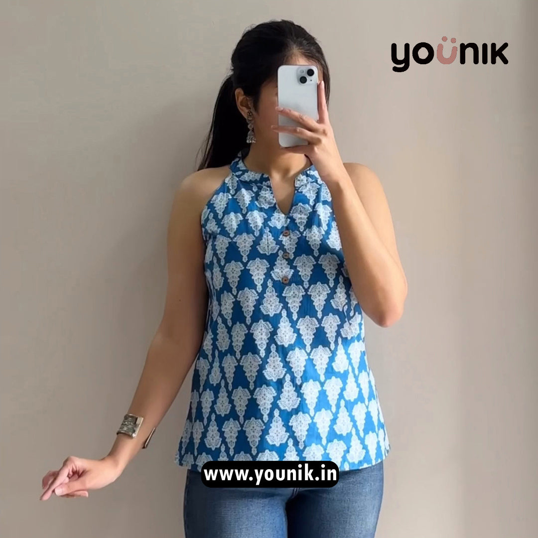 Blue Butta Printed Halter Neck Short Kurti